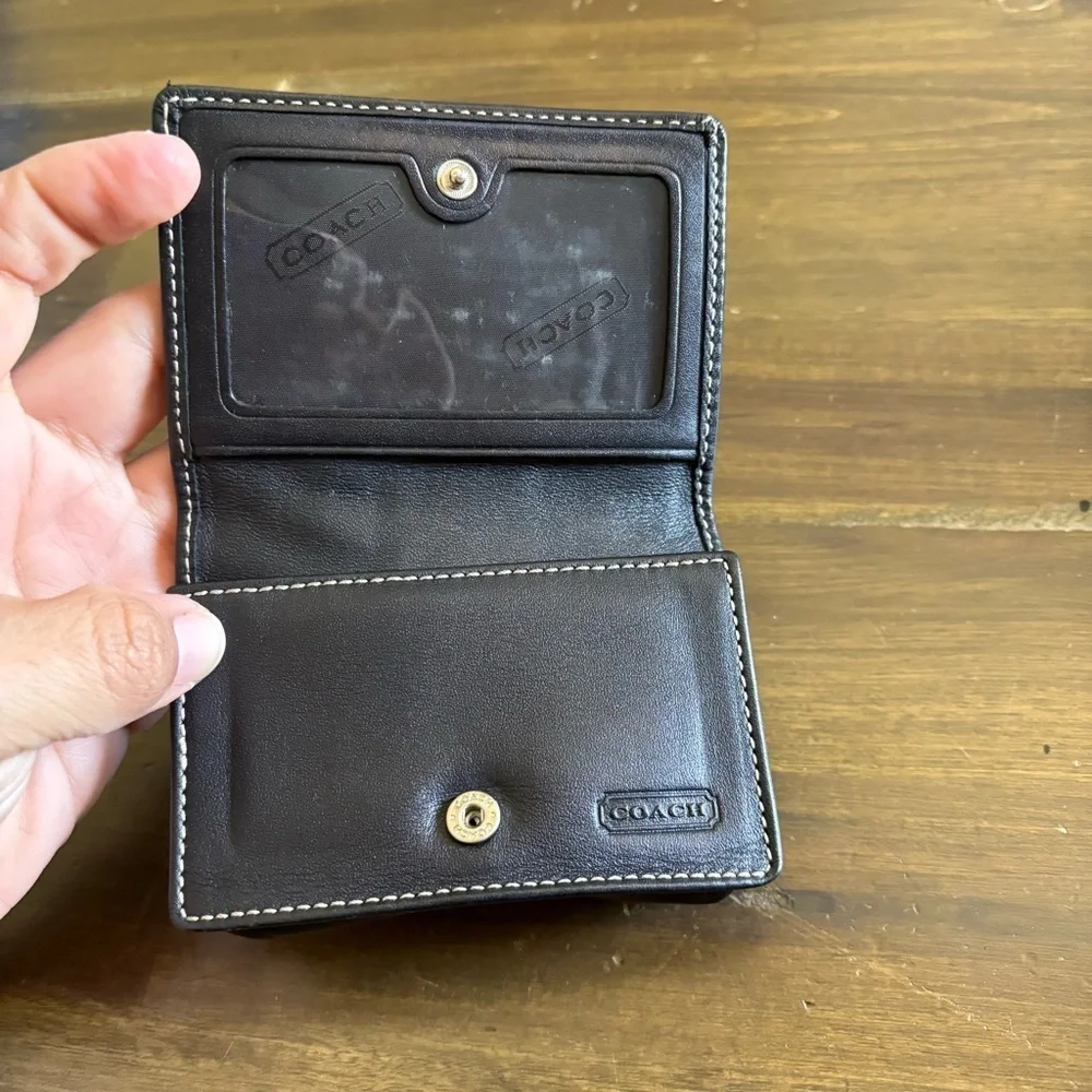 Coach Signature CC Wallet Black Canvas Fold Over Leather Card Holder Small